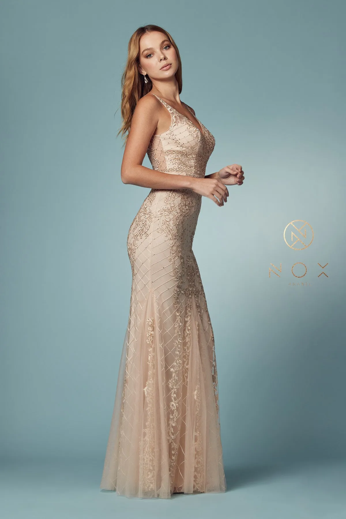N A398 - Bead Lace Appliqued Fit & Flare Prom Gown with V-Neck & Open Back