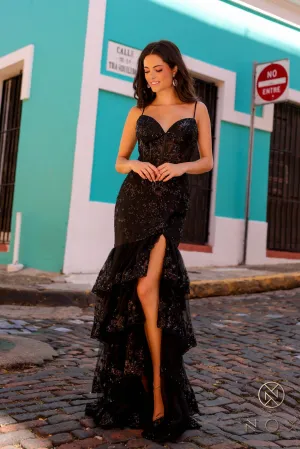 N T1337 - Sequin Embellished Layered Ruffle Fit & Flare Prom Gown with Sheer Boned Bodice & Leg Slit