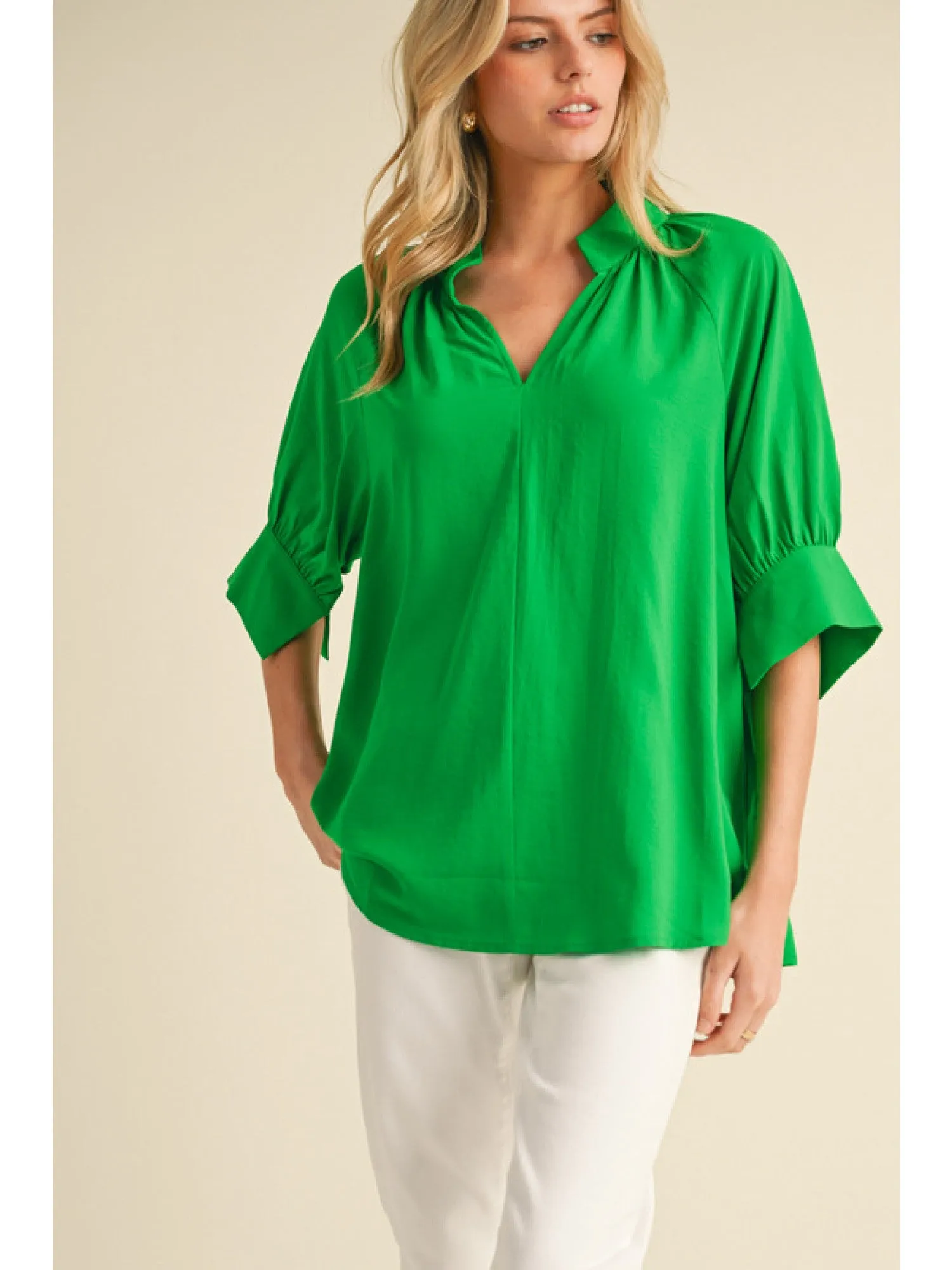 Nala Solid Ruched Shoulder Blouse