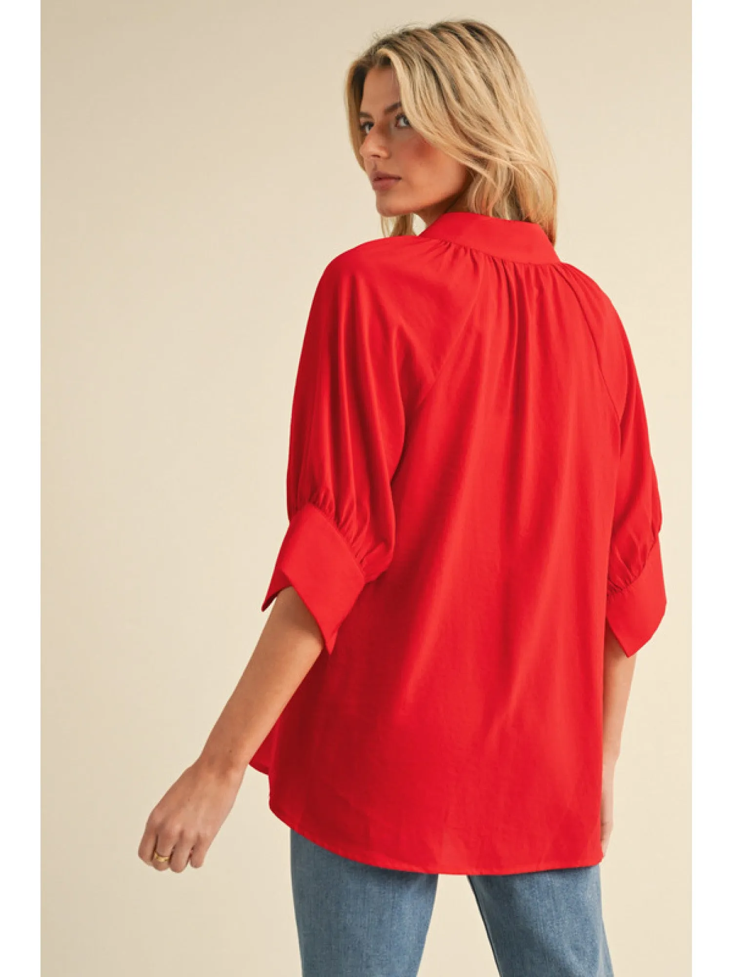 Nala Solid Ruched Shoulder Blouse