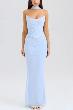 Neck Wrapped Strapless Corset Bodycon Maxi Skirt 2pcs Set-Blue