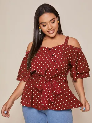 New Plus Cold Shoulder Polka Dot Belted Blouse in Red, Sz 3X!