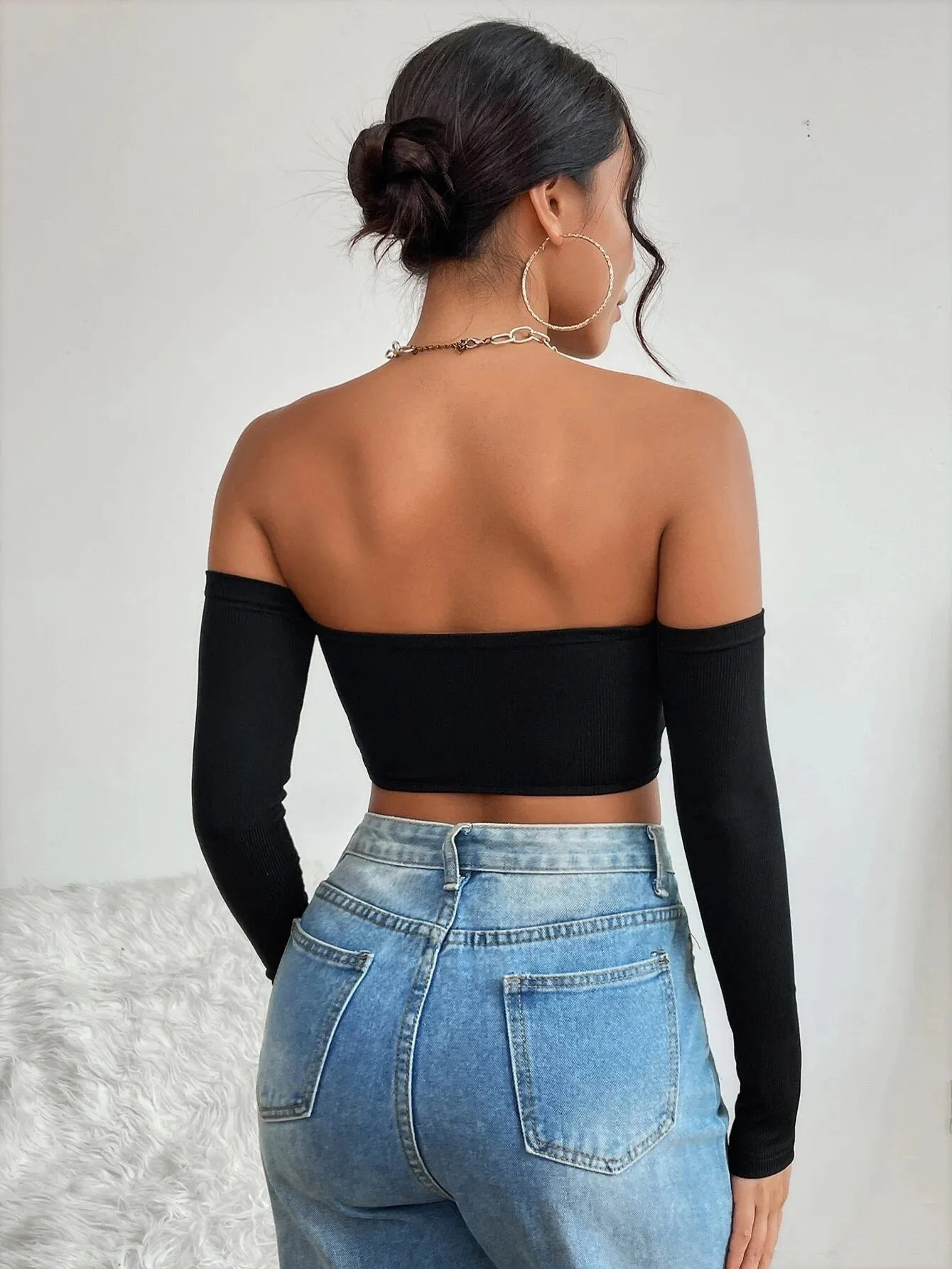 New SHEIN SXY Off The Shoulder Backless Solid Top, Black, Sz XS!