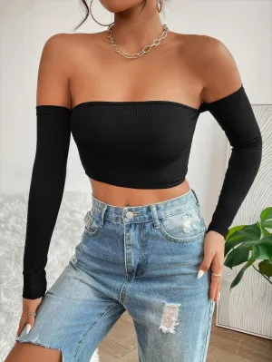 New SHEIN SXY Off The Shoulder Backless Solid Top, Black, Sz XS!