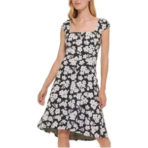 NWT $138 Tommy Hilfiger Womens Black Floral Print Knit Fit &amp; Flare Dress  6