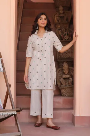 Off White Cotton Dobby Ready-To-Wear Relaxed Fit Kurta With Pant