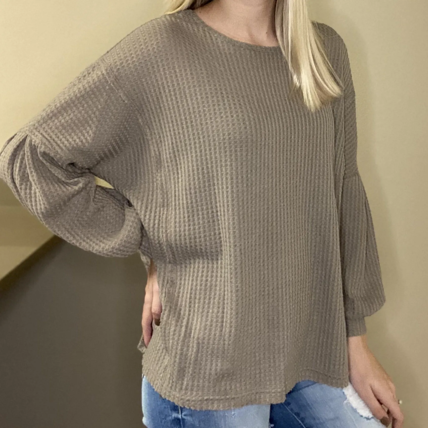 Open Back Balloon Sleeve Waffle Knit Top