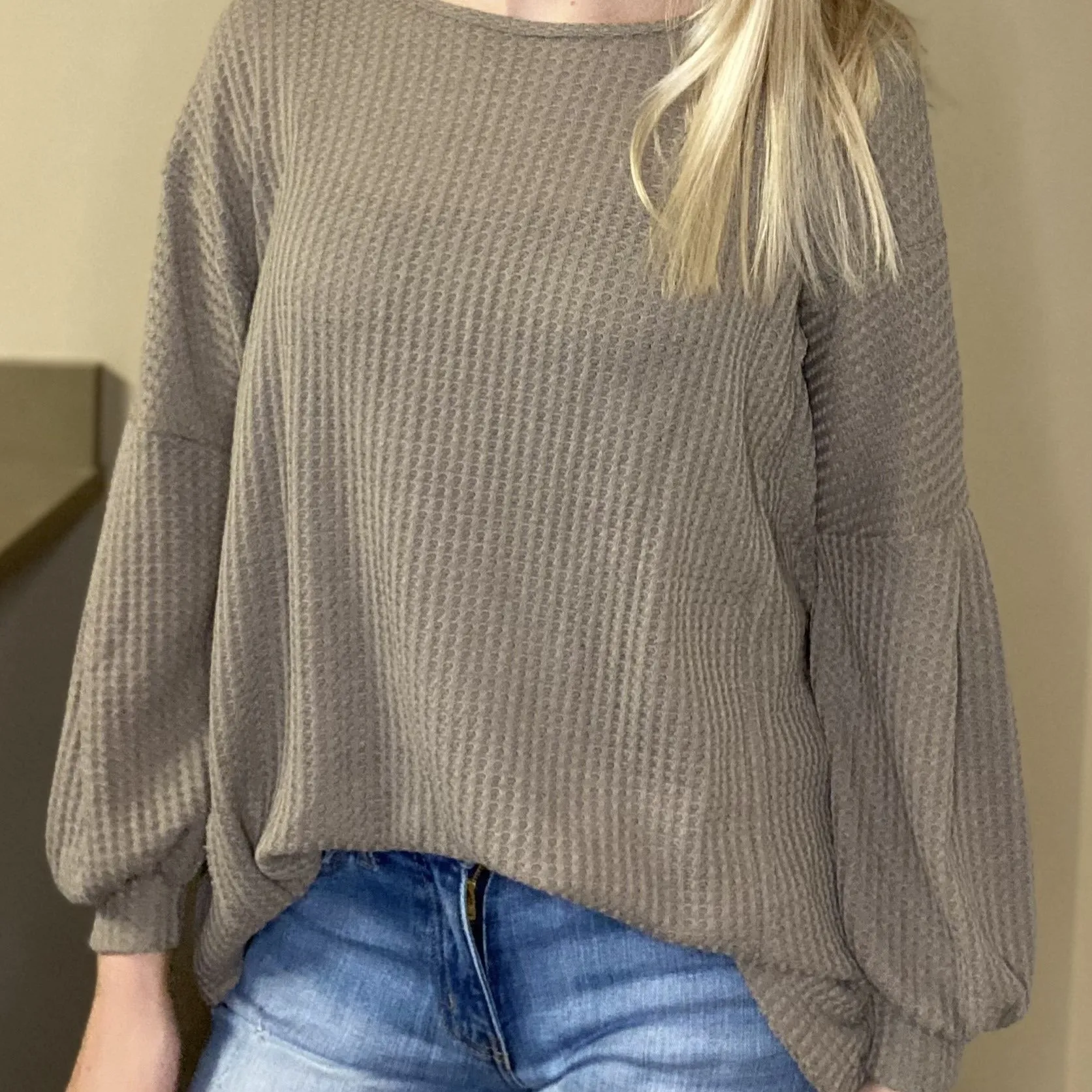 Open Back Balloon Sleeve Waffle Knit Top