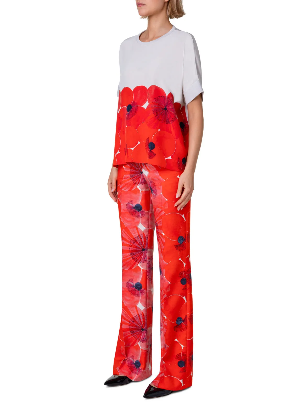 Oversize Silk Knit Blouse with Poppy Print
