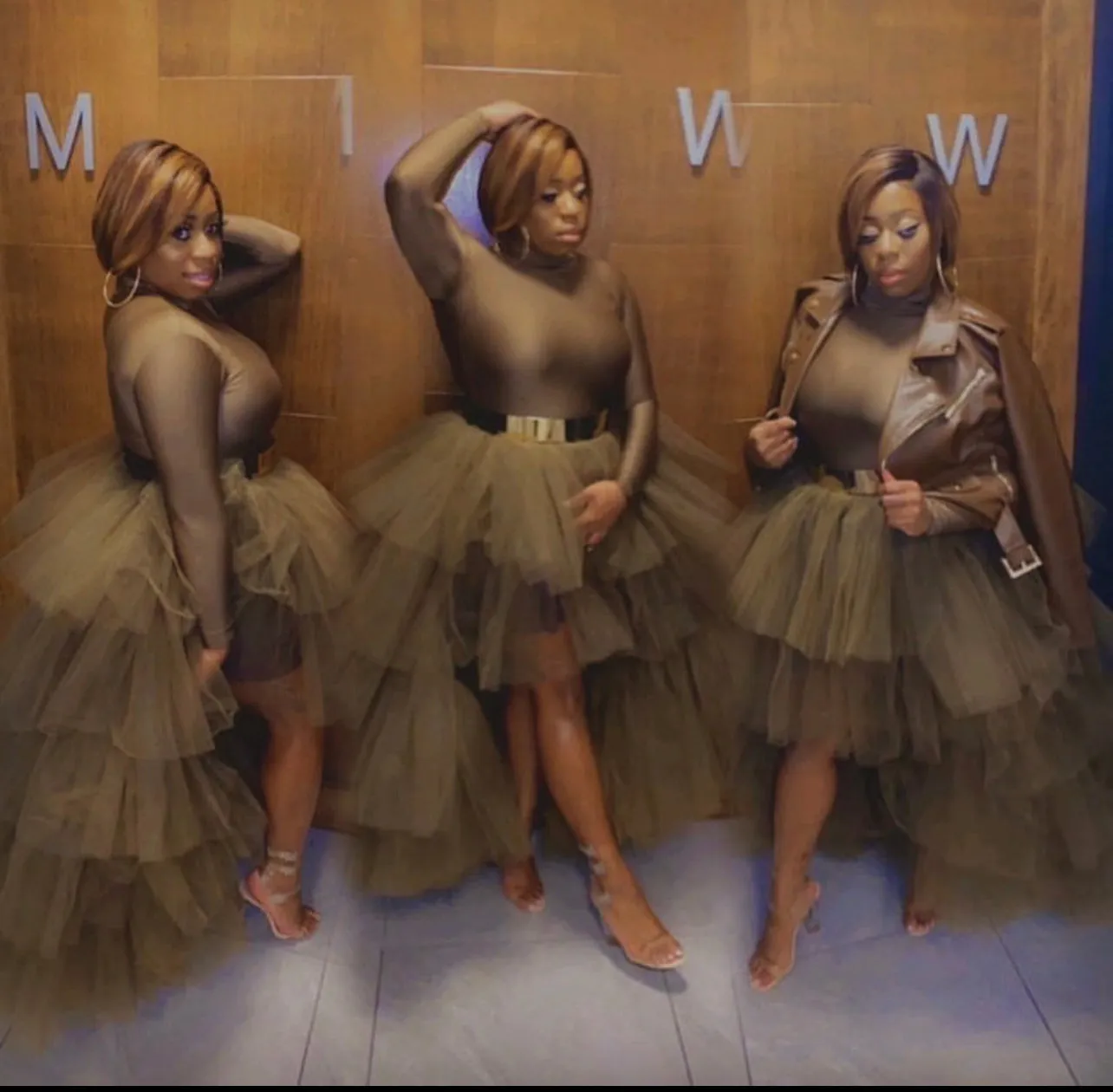 Oyemwen Coco Tiered High Low Tulle Tutu Skirt Turtleneck Set (Brown)