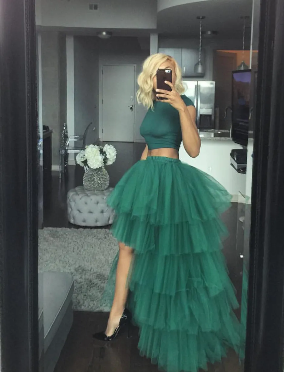 Oyemwen Tiered High Low Tulle Maxi Tutu Skirt Green and Shirt (Set)