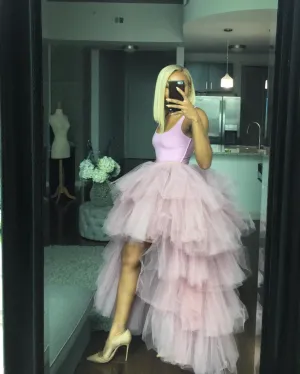 Oyemwen Tiered High Low Tulle Maxi Tutu Skirt Pink