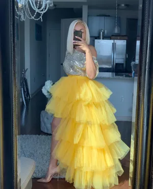 Oyemwen Tiered High Low Tulle Maxi Tutu Skirt Yellow