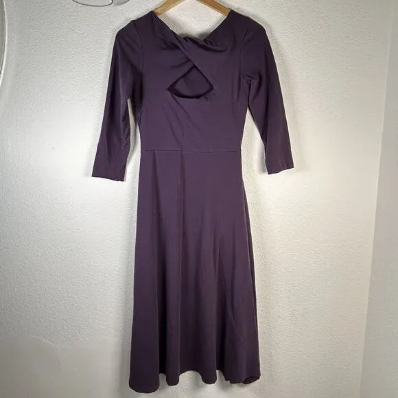Pact Fit &amp; Flare Open Twist-Back Dress In Purple Womens Size Small‎ 3/4 sleeve