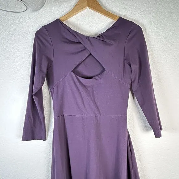 Pact Fit &amp; Flare Open Twist-Back Dress In Purple Womens Size Small‎ 3/4 sleeve