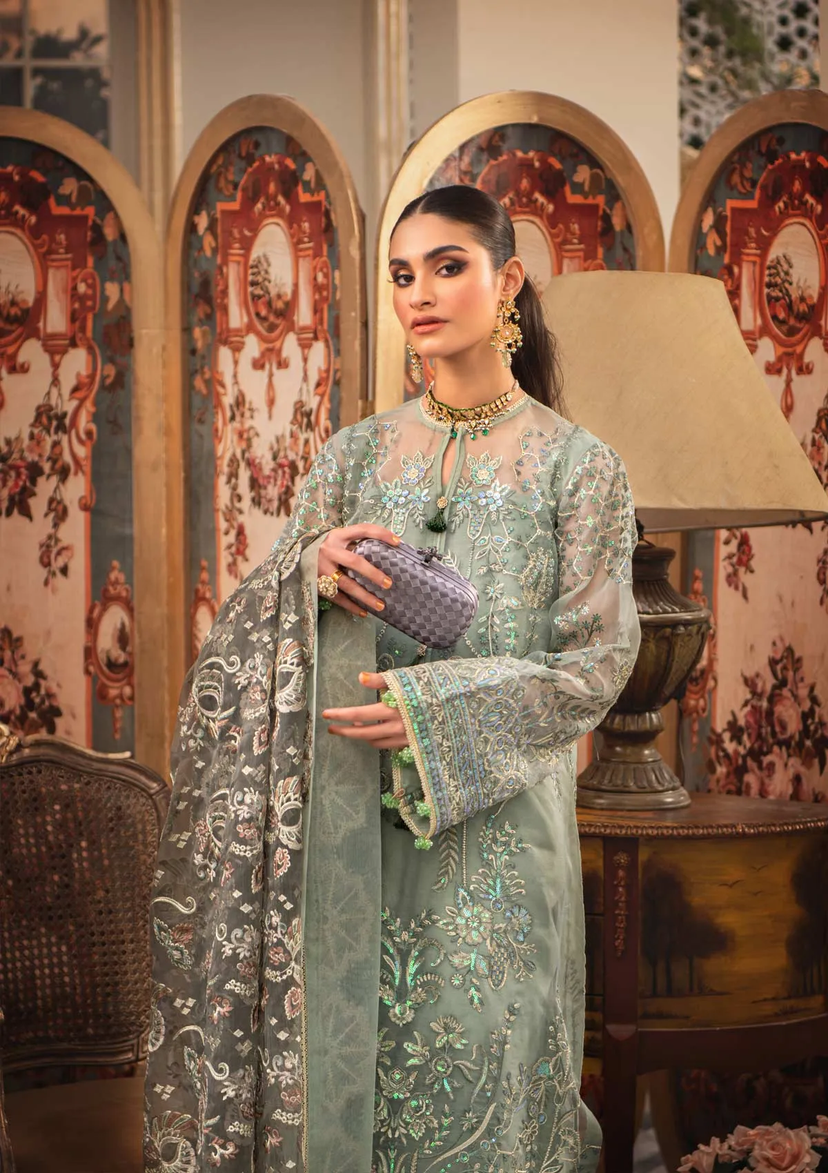 Pakistani Wedding Dress in Sage Green Shade #PF454