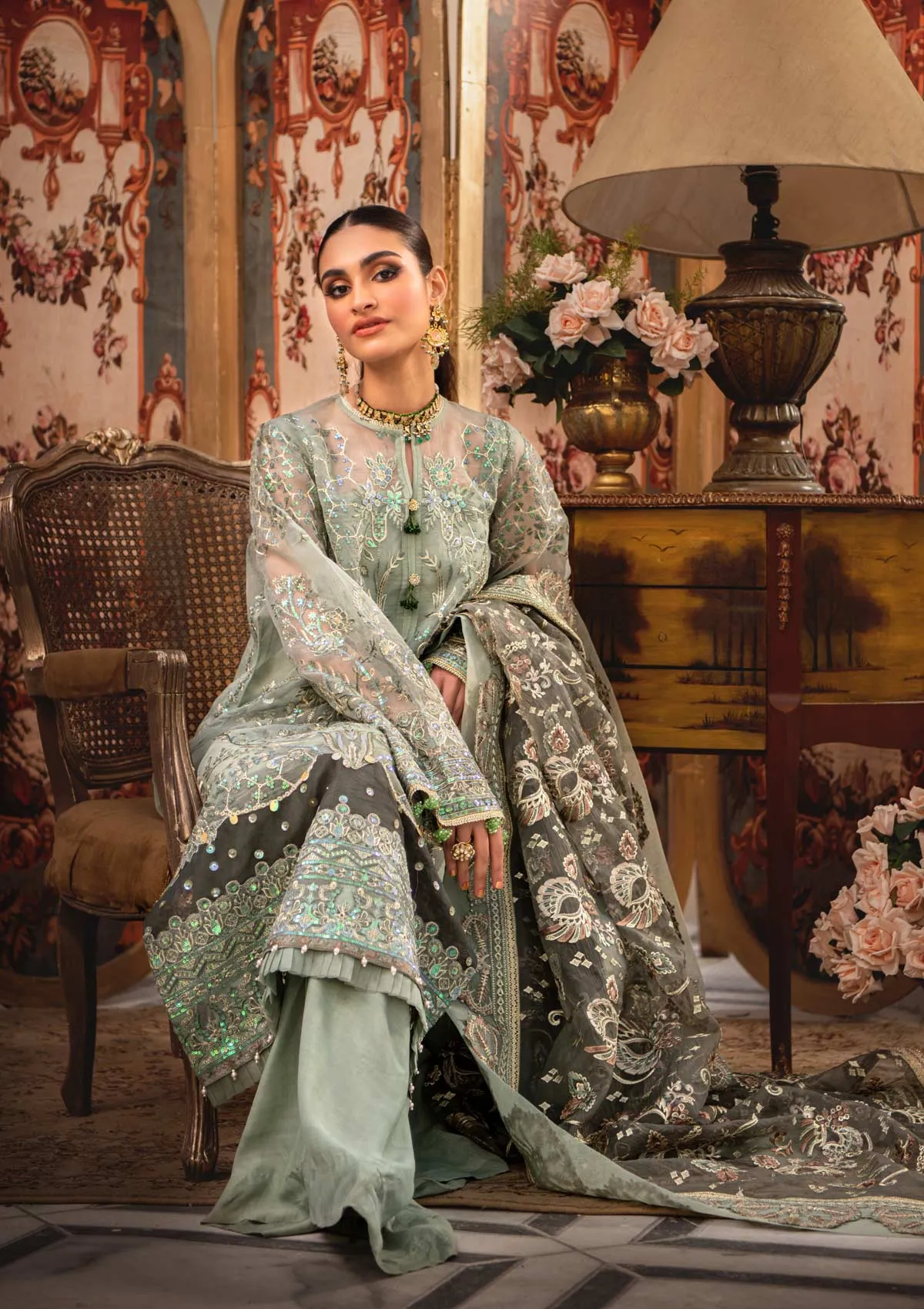Pakistani Wedding Dress in Sage Green Shade #PF454