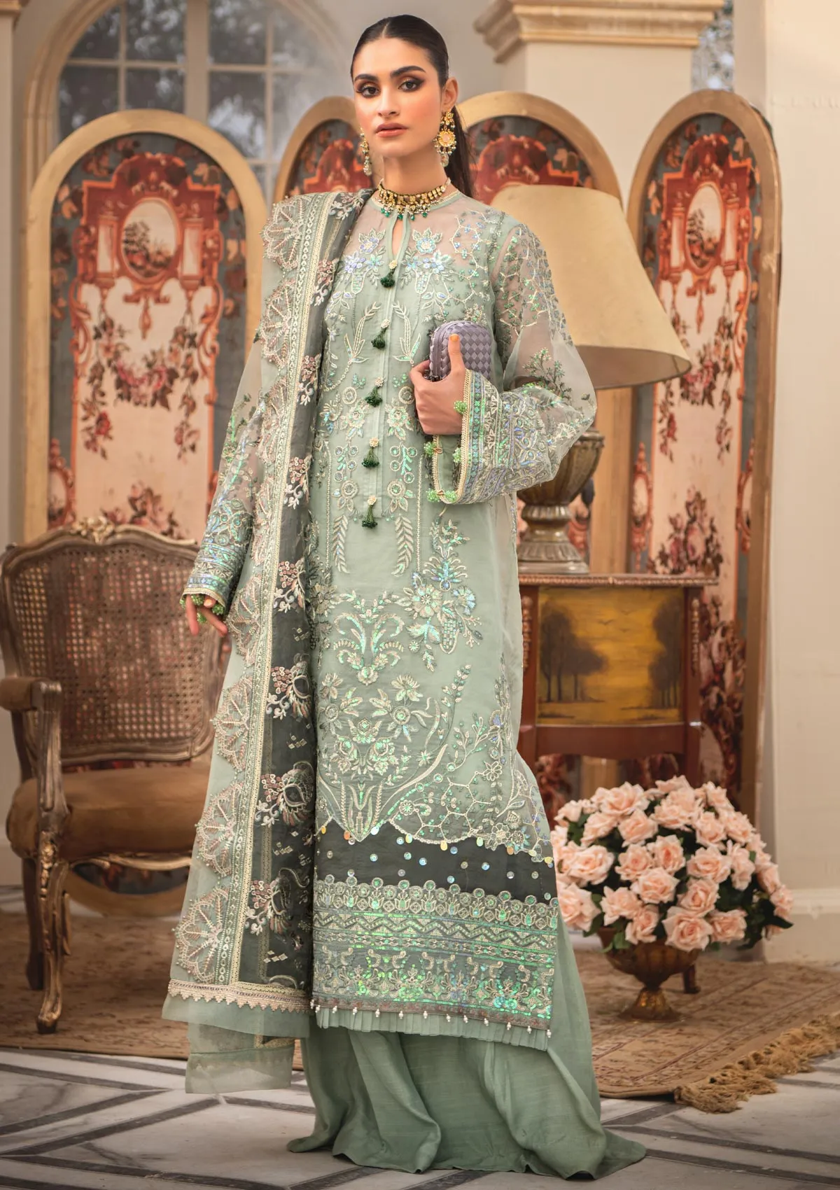 Pakistani Wedding Dress in Sage Green Shade #PF454