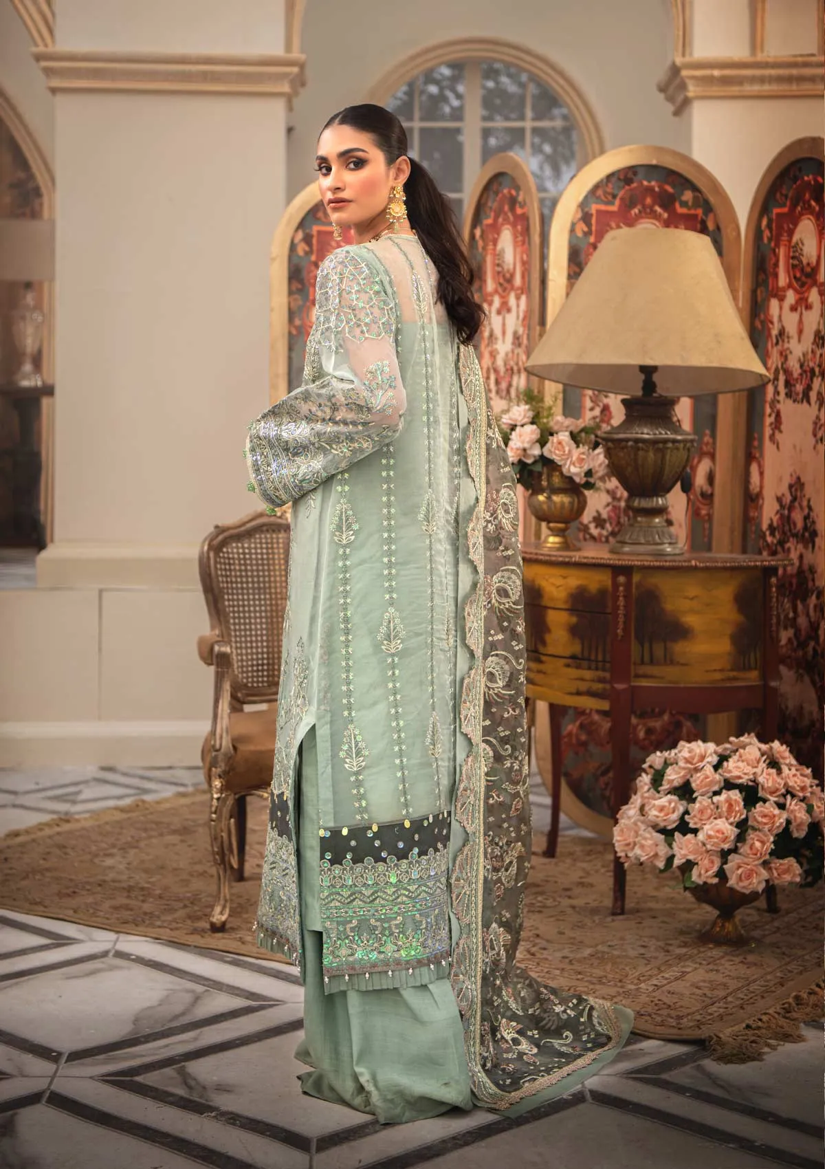 Pakistani Wedding Dress in Sage Green Shade #PF454