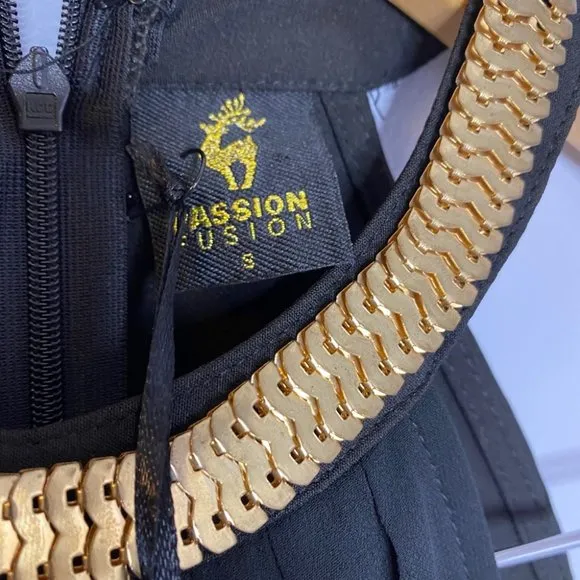 PASSION FUSION Black Maxi Dress Gold Trim