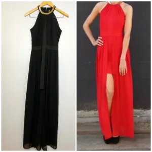 PASSION FUSION Black Maxi Dress Gold Trim