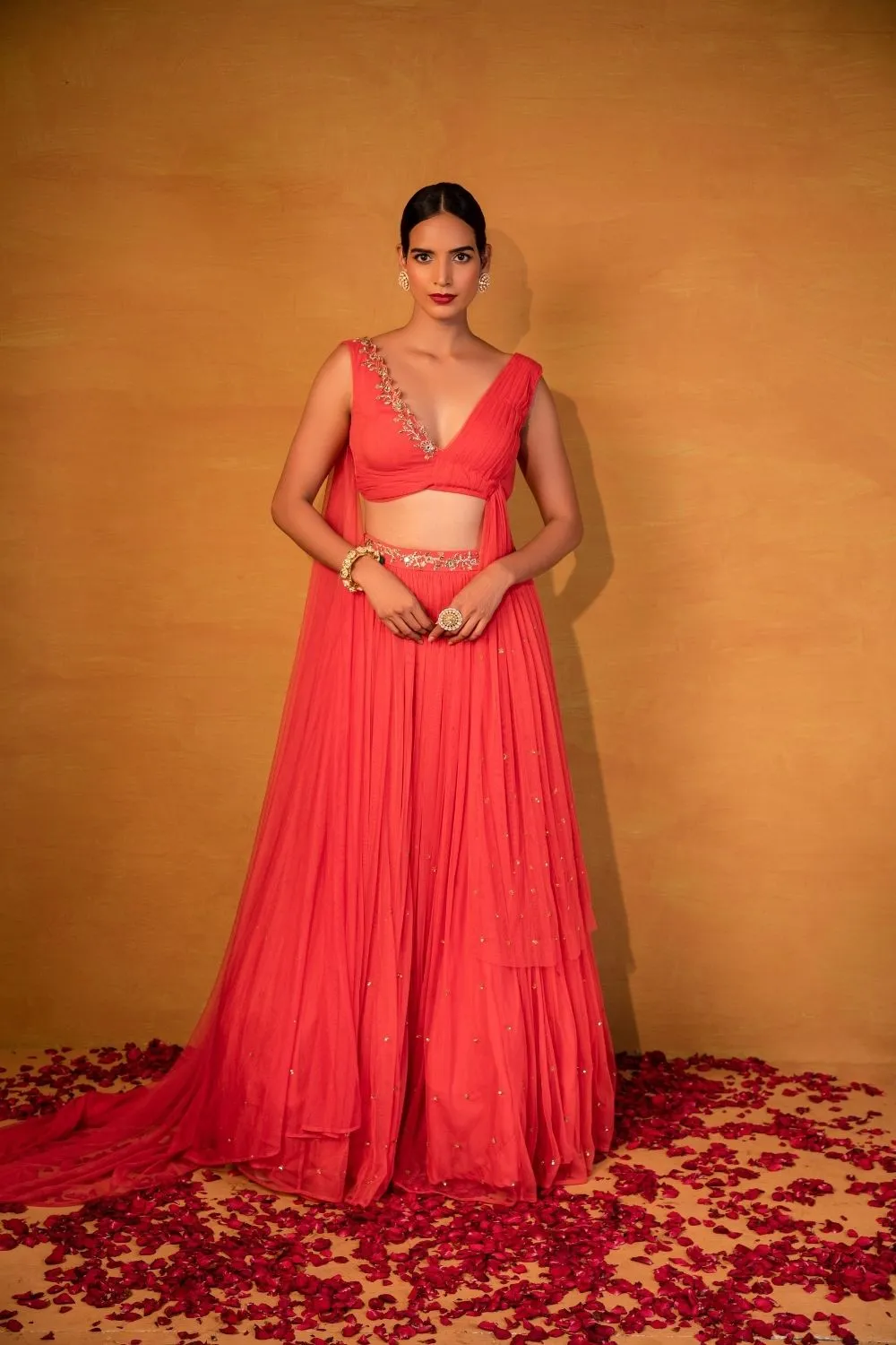 Peach Pink drape skirt set