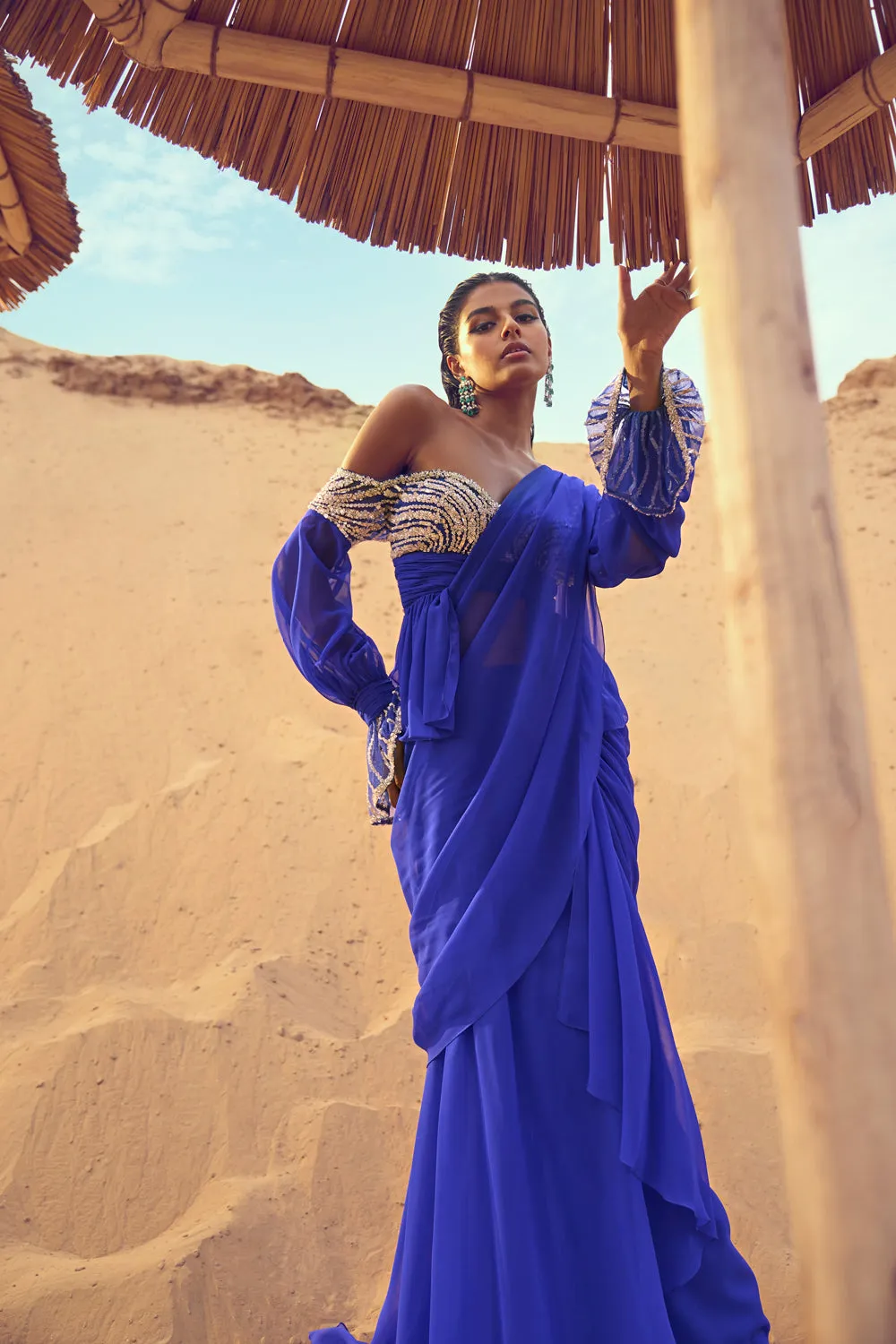 Peplum Blouse With Bishop Sleeves And Draped Saree
