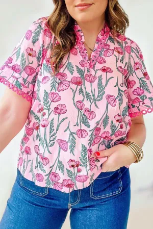 Pink Floral Print Lace Trim Short Sleeve V Neck Plus Size Blouse