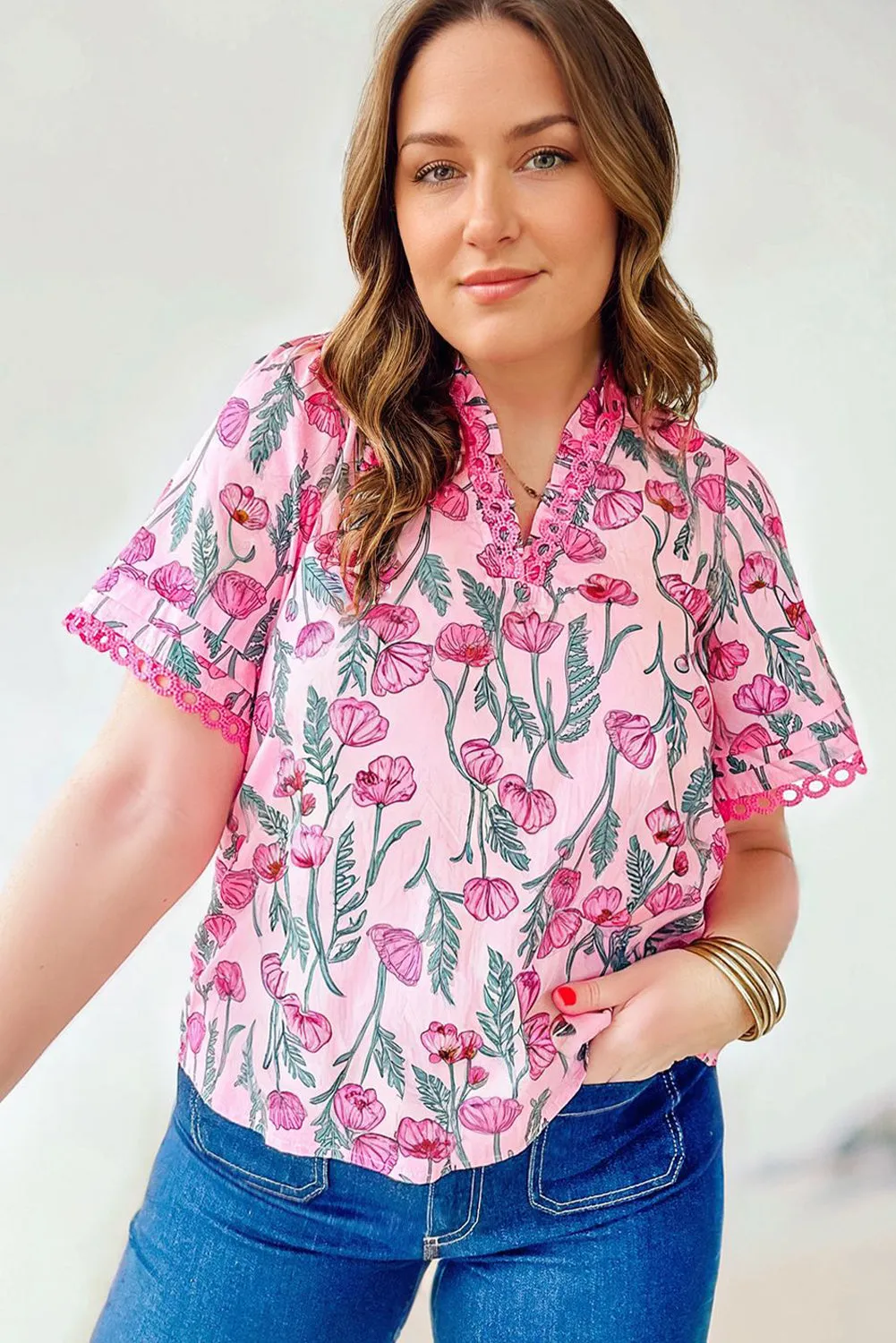 Pink Floral Print Lace Trim Short Sleeve V Neck Plus Size Blouse