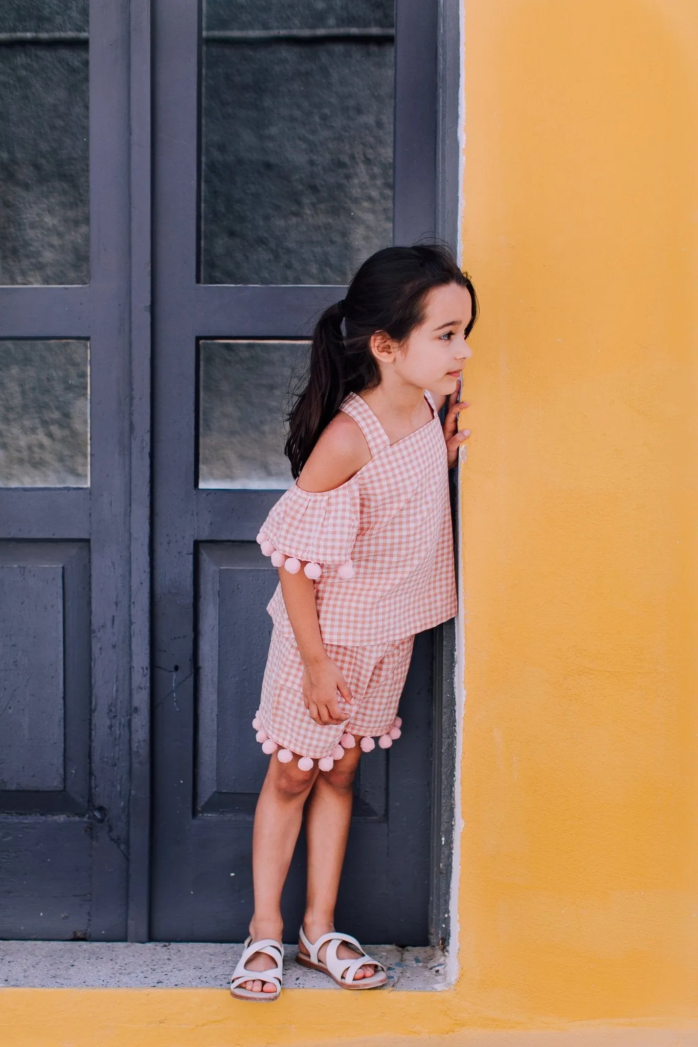 Pink Gingham Off Shoulder Top with Pompom *LAST PIECE 2 years*
