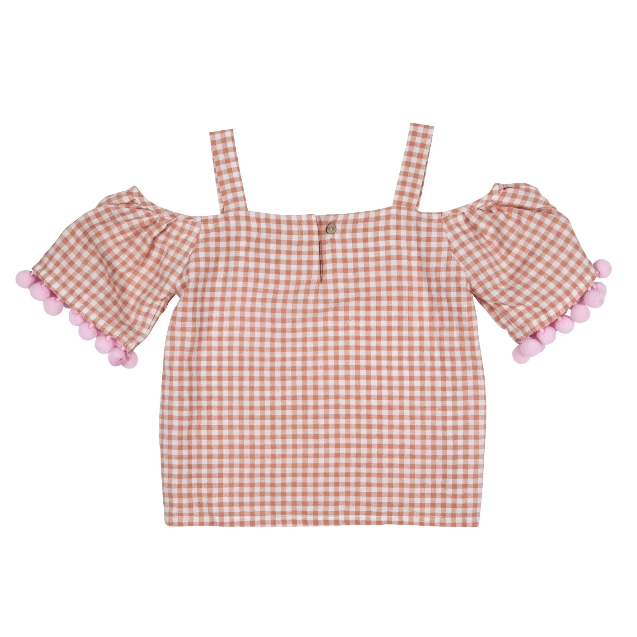 Pink Gingham Off Shoulder Top with Pompom *LAST PIECE 2 years*