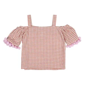 Pink Gingham Off Shoulder Top with Pompom *LAST PIECE 2 years*