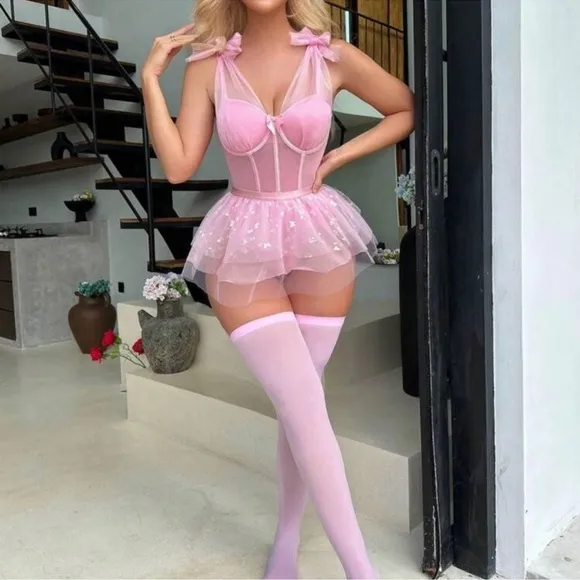 Pink Festival Rave Ballerina Princess Butterfly Mesh Bodysuit Tutu Set