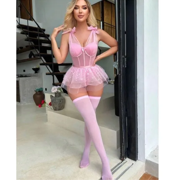 Pink Festival Rave Ballerina Princess Butterfly Mesh Bodysuit Tutu Set