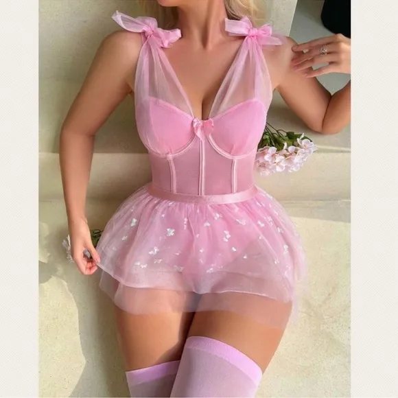 Pink Festival Rave Ballerina Princess Butterfly Mesh Bodysuit Tutu Set