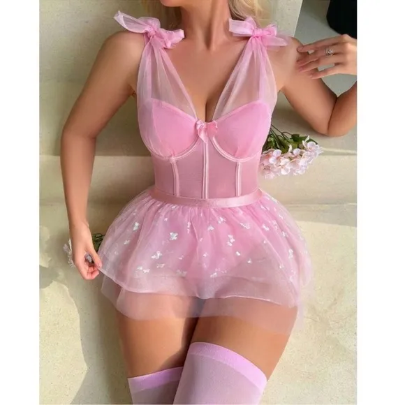 Pink Festival Rave Ballerina Princess Butterfly Mesh Bodysuit Tutu Set