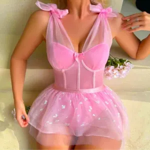 Pink Festival Rave Ballerina Princess Butterfly Mesh Bodysuit Tutu Set