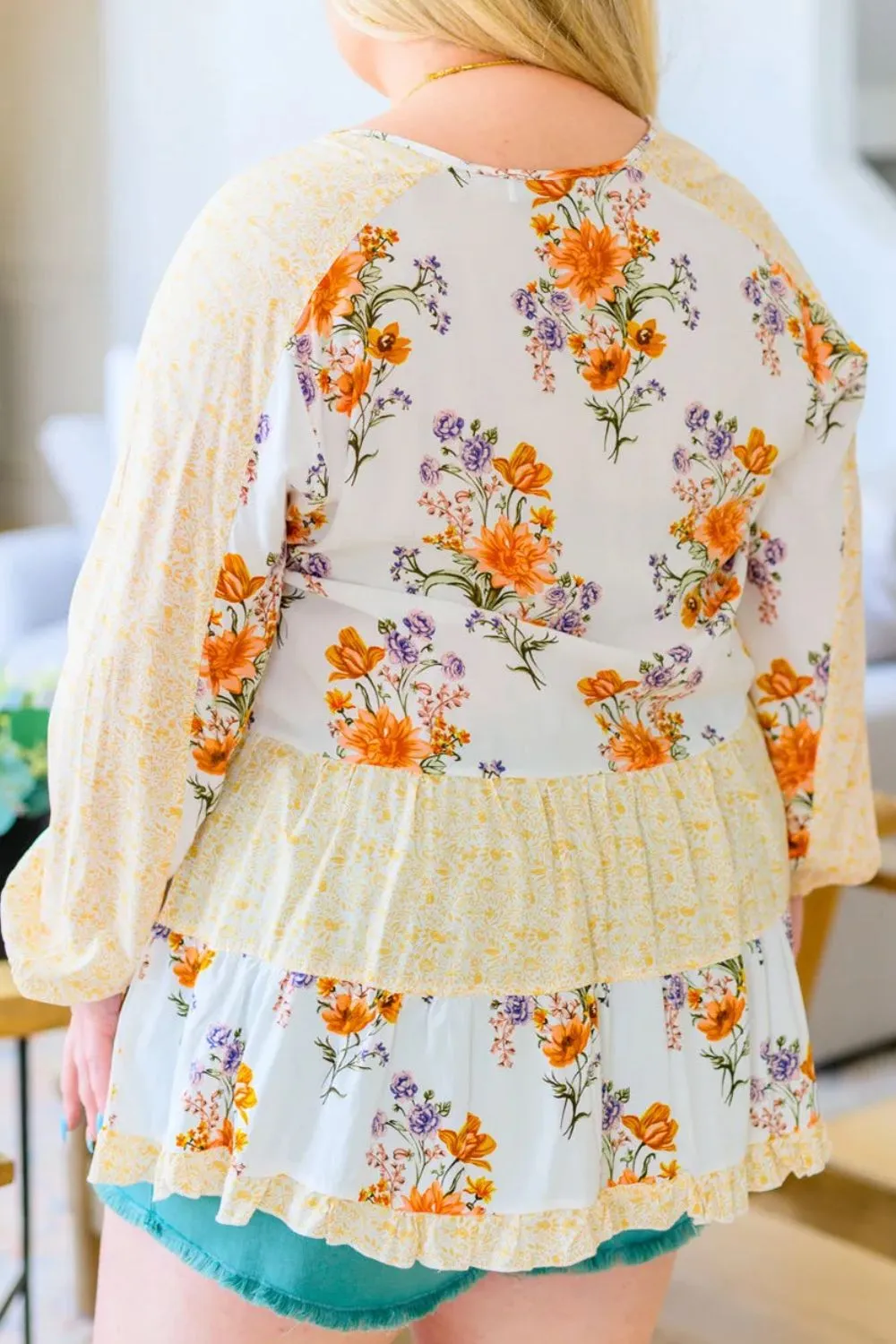 Plus Size Floral Print Tie Neck Long Sleeve Blouse