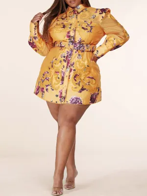 PLUS SIZE LONG PUFF SLEEVE BUTTON UP BELTED FLORAL MINI DRESS