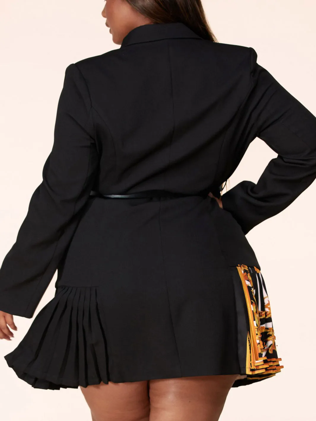 PLUS SIZE LONG SLEEVE BUTTON CLOSURE BELT WRAP MULTI PRINT MINI DRESS
