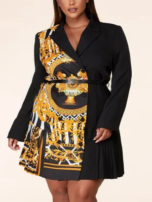 PLUS SIZE LONG SLEEVE BUTTON CLOSURE BELT WRAP MULTI PRINT MINI DRESS