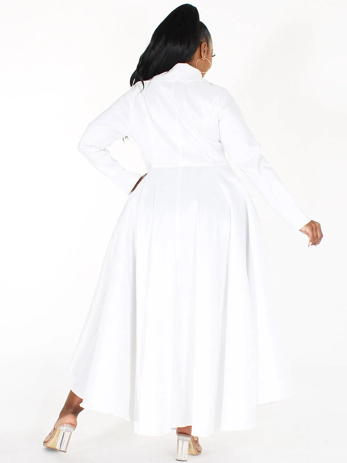 PLUS SIZE LONG SLEEVE BUTTON UP POCKETS MAXI DRESS