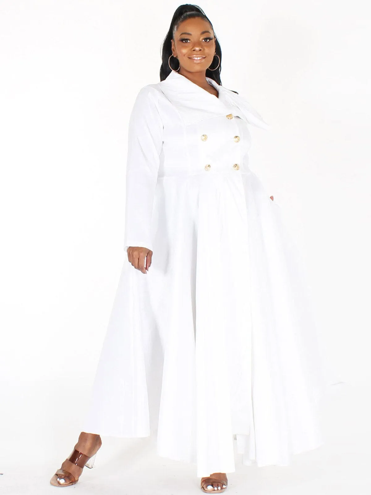 PLUS SIZE LONG SLEEVE BUTTON UP POCKETS MAXI DRESS