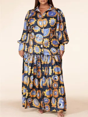PLUS SIZE LONG SLEEVE BUTTON UP TIERED MULTI PRINT W/CHAIN NECKLACE MAXI DRESS