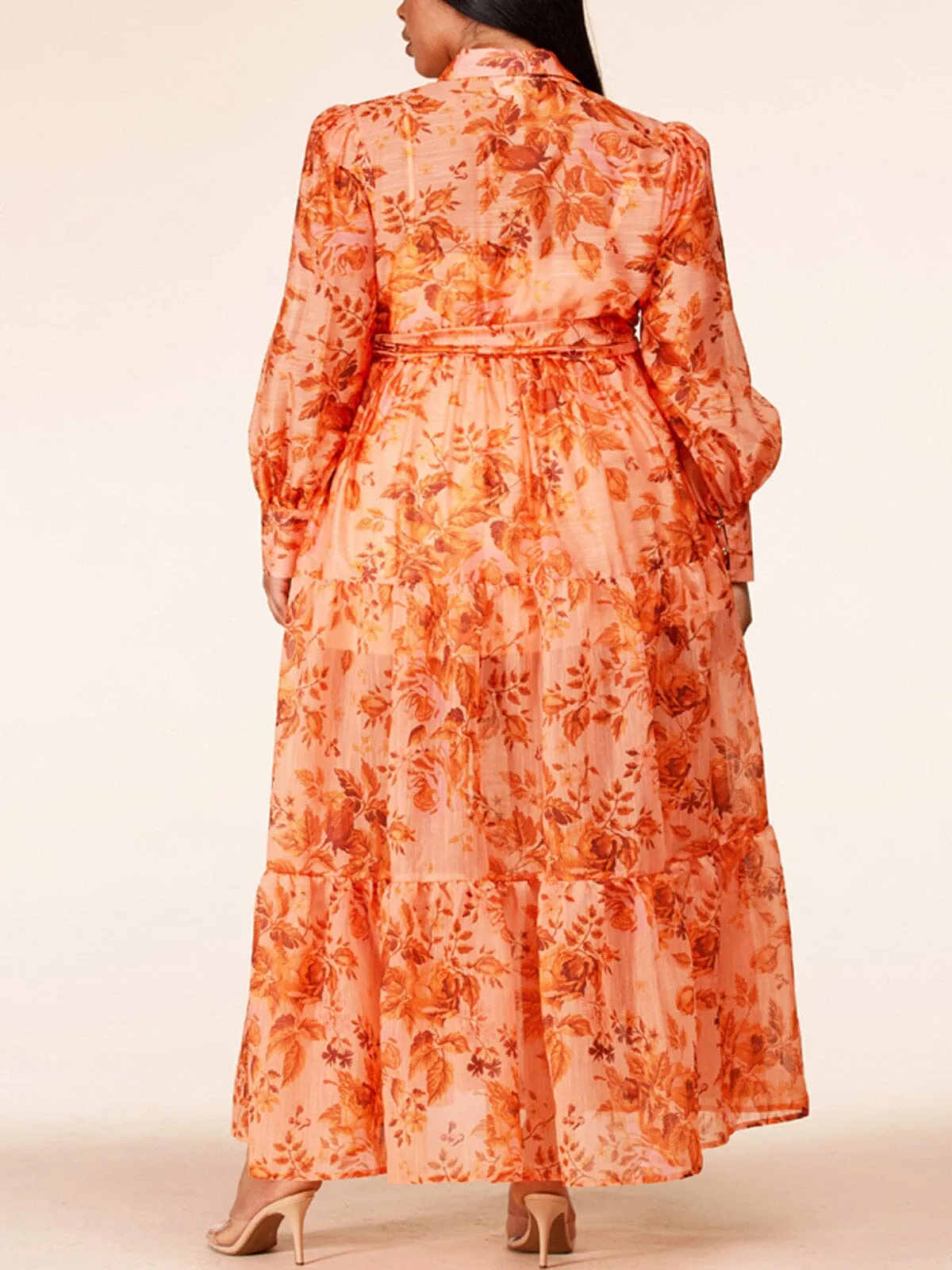 PLUS SIZE LONG SLEEVE RUFFLE TIERED BUTTON UP MAXI DRESS