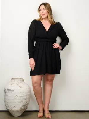 PLUS SIZE LONG SLEEVE V-NECK FIT & FLARE MINI DRESS