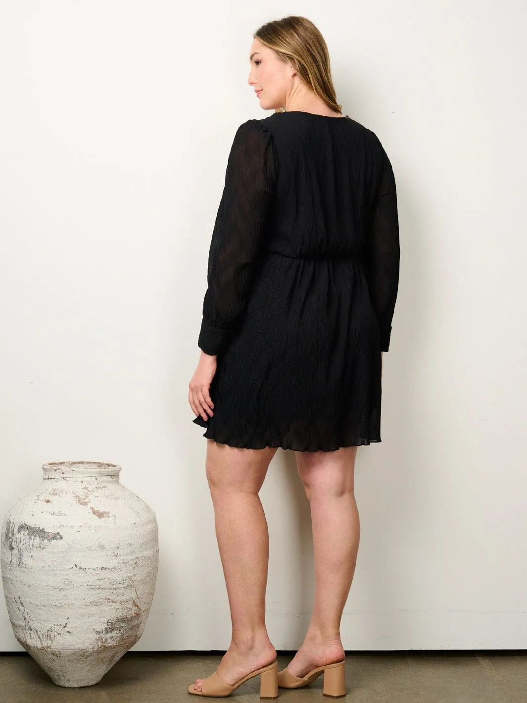 PLUS SIZE LONG SLEEVE V-NECK FIT & FLARE MINI DRESS