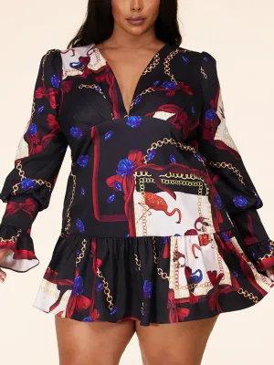 PLUS SIZE LONG SLEEVE V-NECK RUFFLE FLARE MINI DRESS