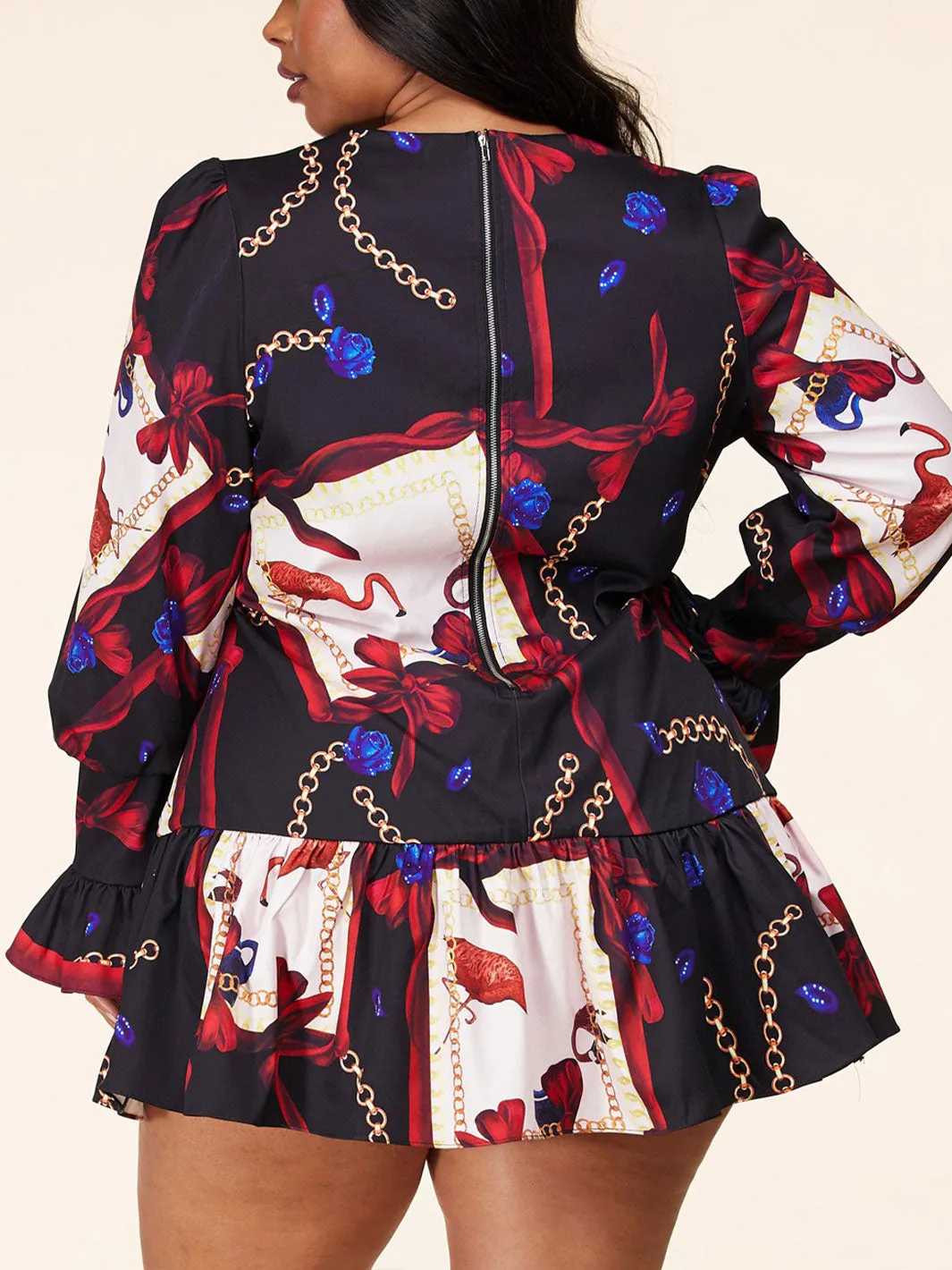 PLUS SIZE LONG SLEEVE V-NECK RUFFLE FLARE MINI DRESS