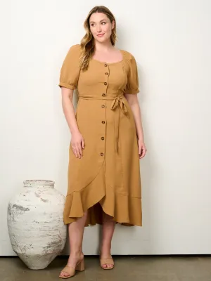 PLUS SIZE SHORT PUFF SLEEVE BUTTON UP SELF TIE MAXI DRESS